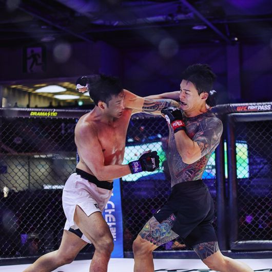 2024년 12월 경기도 고양시 KINTEX 제2전시장 7A홀 Z-Fight Night 2 메인이벤트에서 황인수(오른쪽) 김한슬 공격이 교차하고 있다. ZFN 2는 UFC Fight Pass로 세계 200여 나라에 생중계됐다. 사진=MCP ECC