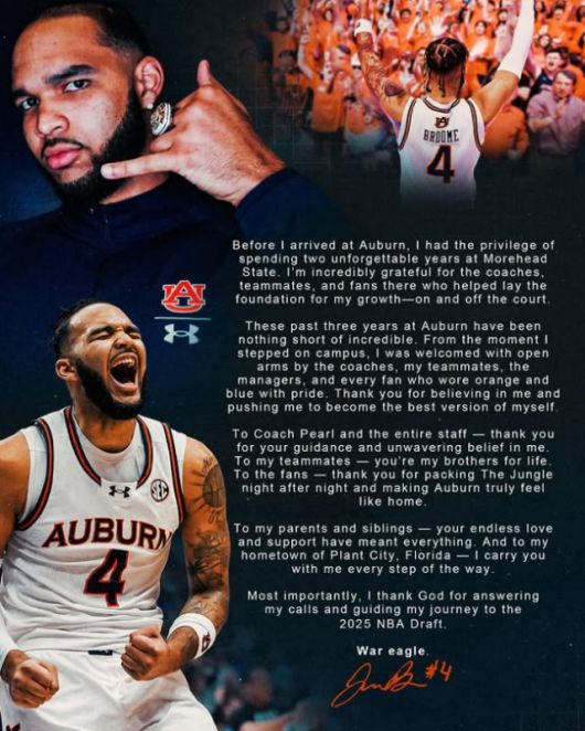 오번 대학을 NCAA 토너먼트 파이널 포로 이끈 스타 조니 브룸이 2025 NBA 드래프트 참가를 선언했다. 사진=조니 브룸 SNS