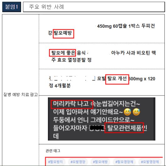 식약처가 14일 공개한 탈모 예방 관련 부당광고들. [사진 = 식품의약품안전처]