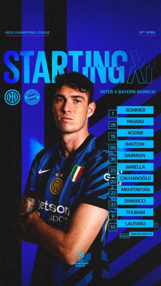 인테르는 골키퍼 조머를 시작으로 바스토니-아체르비-파바르-디마르코-미키타리안-찰하놀루-바렐라-다르미안-튀랑-마르티네스가 선발 출전했다. 사진=인터밀란 SNS