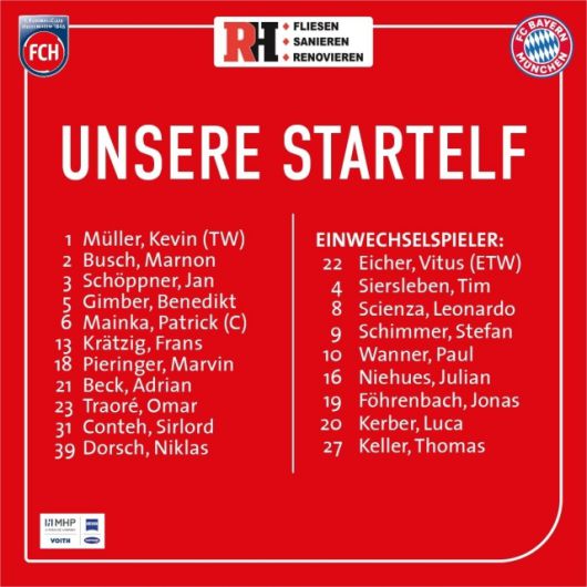 하이덴하임은 골키퍼 뮐러를 시작으로 마인카-김버-부슈-쇠프너-크라치히-도르슈-베크-트라오레-콘테-피링거가 선발 출전한다. 사진=하이덴하임 SNS