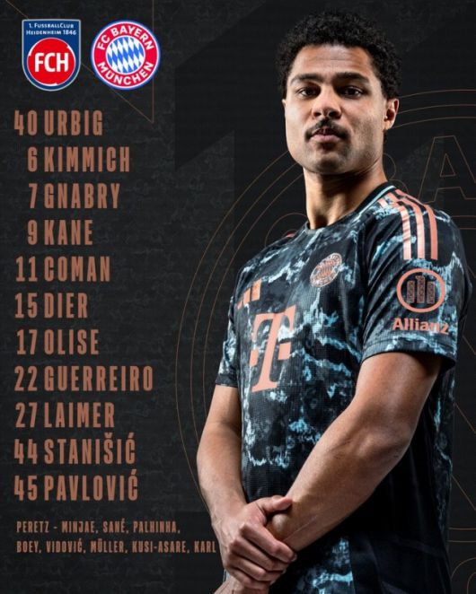뮌헨은 골키퍼 우르비히를 시작으로 라이머-다이어-스타니시치-게헤이루-키미히-파블로비치-그나브리-올리세-코망-케인이 선발 출전했다. 사진=바이에른 뮌헨 SNS