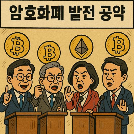 암호화폐 관련 공약을 발표중인 대선 후보들 < 챗GPT 생성 이미지 >
