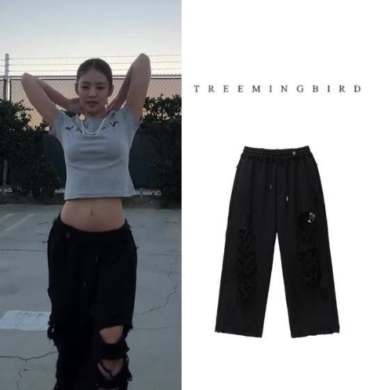 제니가 자신의 인스타그램에 첫 솔로 정규앨범 ‘루비’의 챌린지 영상을 공개했다. 제니가 입은 바지가 트리밍버드의 ‘스크래치 데미지 와이드 스웨트 데님 팬츠’다. (사진=제니 인스타그램 캡쳐)