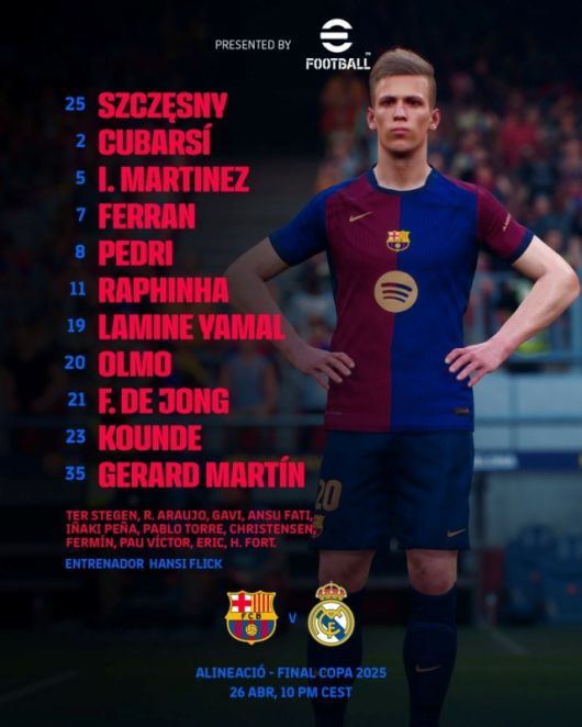 바르셀로나는 골키퍼 슈체스니를 시작으로 마르틴-마르티네스-쿠바르시-쿤데-더 용-페드리-하피냐-올모-야말-토레스가 선발 출전했다. 사진=바르셀로나 SNS