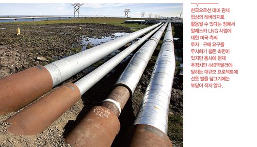 알래스카 LNG 프로젝트는 남부 부동항인 니키스키까지 1300㎞에 이르는 가스관 등을 깔아야 하는 총 개발비 387억달러(약 57조원)의 초대형 규모다. <사진 연합뉴스>