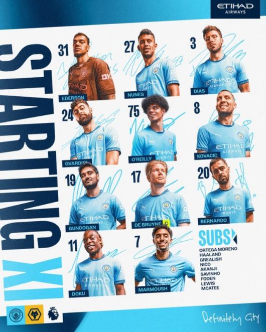 맨시티는 골키퍼 에데르송을 시작으로 오라일리-그바르디올-디아스-누네스-코바치치-귄도안-도쿠-더브라위너-베르나르두-마르무시가 선발 출전한다. 사진=맨체스터 시티 SNS