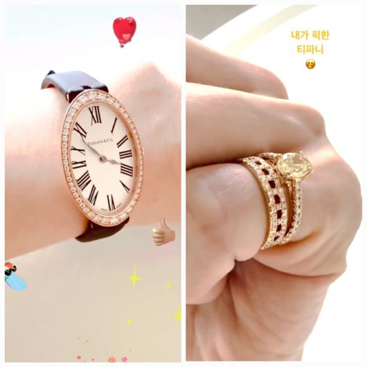 고현정은 다이아몬드 베젤이 세팅된 타원형 티파니 앤 코(Tiffany & Co.) 시계와 옐로우 다이아몬드가 세팅된 반지를 착용해 눈길을 끌었다.사진=고현정 SNS