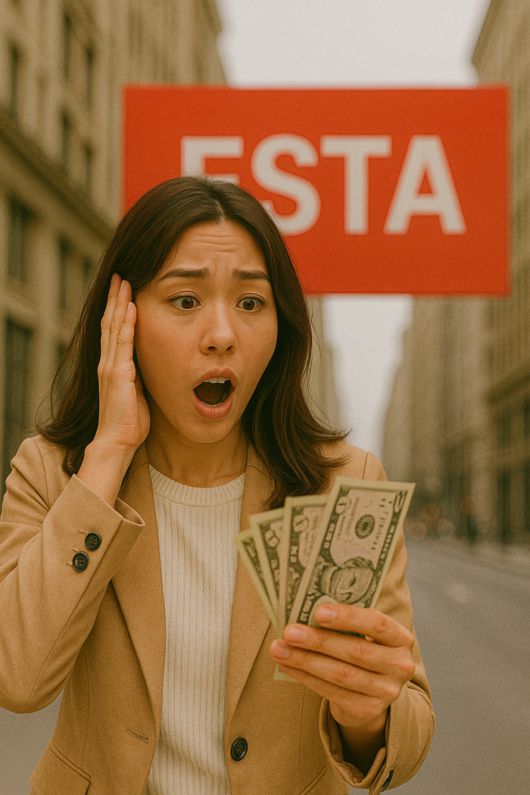 대행 사이트에서 ESTA를 발급받은 후 공식 비용보다 고가의 비용을 내서 놀란 사람의 표정을 표현한 그림 / 그림=챗 GPT