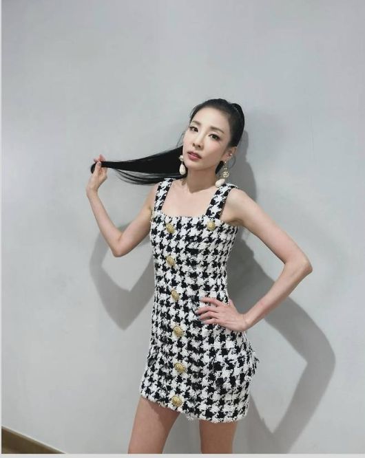 넓은 숄더 스트랩과 슬림한 실루엣, 옐로 골드 포인트 단추가 고급스러움을 더하며 세련된 무드를 완성했다.사진=산다라박 SNS