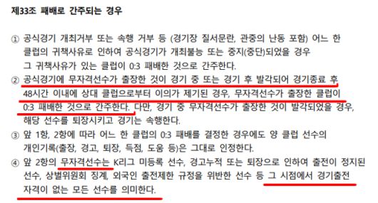 한국프로축구연맹 경기 규정 제33조 ‘패배로 간주되는 경우’. 사진=한국프로축구연맹