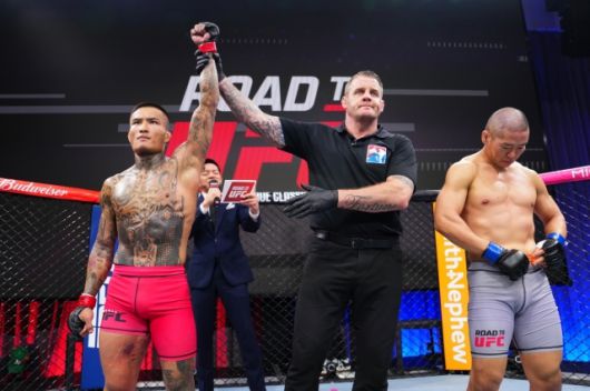 페더급 토너먼트에 출전한 ‘피너클’ 서동현은 ROAD TO UFC 시즌2 페더급 준우승자 ‘언더독’ 리카이원에게 2라운드 3분 21초 어퍼컷에 이은 펀치 연타로 TKO패했다. 사진=UFC 제공