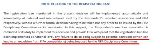 FIFA 징계위원회 결정문의 일부. 사진=FIFA 징계위원회 결정문 캡처