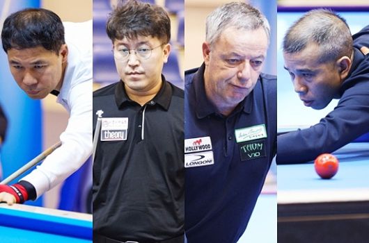 종반전을 향하고 있는 호치민3쿠션월드컵 우승 향배가  허정한-황봉주, 야스퍼스-트란퀴옛치엔(왼쪽부터) 4강 대결로 압축됐다. (사진=SOOP)