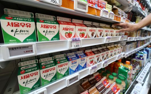 다음 달 1일부터 편의점에서 하이트진로 맥주와 서울우유, 매일유업의 초콜릿 등 제품의 소매가격이 인상된다. 사진은 이날 서울시내의 한 편의점에 진열된 서울우유 모습. 2025.5.28 [사진 = 연합뉴스]