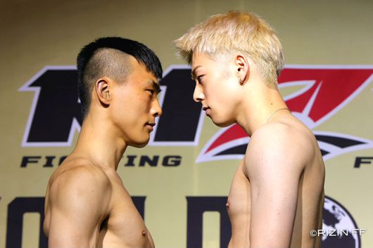 왼쪽부터 2025년 5월 인천광역시 파라다이스시티 라이진 월드시리즈 코리아 공개 계체에서 마주한 대한무에타이협회 국가대표 권용철, 인스타그램 250만 팔로워를 거느린 일본 종합격투기선수 미우라 고타. 고타는 일본 축구 영웅 미우라 가즈요시의 아들이다. 사진=RIZIN FF