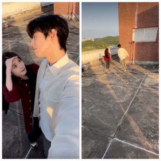 그 모습을 본 차은우는 바로 술래 모드로 돌입해 아이유를 뒤쫓기 시작했고,옥상은 순식간에 웃음 가득한 추격전 현장이 됐다.사진=아이유 공식 SNS