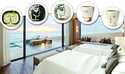 이랜드파크 그랜드 켄싱턴 설악비치 더 펜트하우스 객실 전경과 어우러진 피카소의 도예 작품. 왼쪽부터 플루트 연주자, 지클린의 옆모습(2장), 피카소 얼굴과 부엉이(2장)