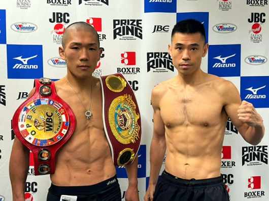 챔피언 나가타 다이시와 도전자 김주영이 2025년 6월 동양태평양복싱연맹 및 세계복싱기구 아시아태평양 슈퍼라이트급 통합타이틀매치 계체 통과 후 기념 촬영을 하고 있다. 김주영은 국제복싱연맹 웰터급 아시아 챔피언을 지냈다. 사진=KBM 한국복싱커미션