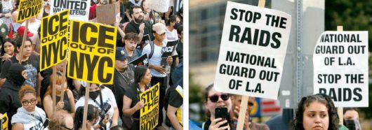 도널드 트럼프 행정부의 불법 이민자 단속에 항의하는 시위가 로스앤젤레스(LA)에서 시작돼 미국 전역으로 확산된 가운데 10일(현지시간) 뉴욕시에서 열린 집회에 참가한 시민들이 ‘이민세관단속국(ICE)은 뉴욕에서 나가라’ 등의 문구가 적힌 피켓을 들고 구호를 외치고 있다(왼쪽). 이날 워싱턴DC 시내에선 시민들이 “단속을 중단하라. 주방위군은 로스앤젤레스(LA)에서 철수하라”는 피켓을 들고 정부에 항의하고 있다. [UPI·AP = 연합뉴스]