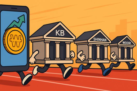 은행들이 원화 스테이블코인 시장 경쟁을 벌이는 장면을 다이내믹한 러닝 레이스 형식으로 표현한 이미지