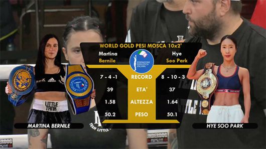 마르티나 베르닐레 vs 박혜수 2025년 6월 세계복싱협회 여자 플라이급 골드 챔피언결정전 생중계 프로필. 박혜수는 WBA 라이트플라이급 아시아 챔피언, 베르닐레는 전 EBU 플라이급 챔피언이다. 사진=이탈리아복싱연맹(Federazione Pugilistica Italiana) 영상 화면