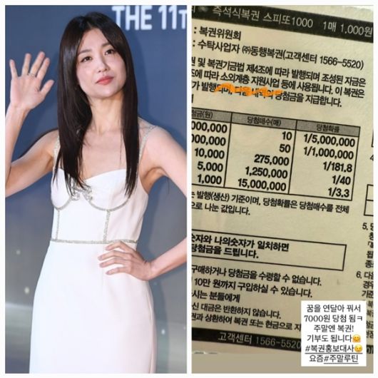 14일 박하선은 “꿈을 연달아 꿔서 7000원 당첨 됨. 주말엔 복권! 기부도 됩니다”라는 글과 함께 복권 사진을 올렸다. 사진=천정환 기자, SNS