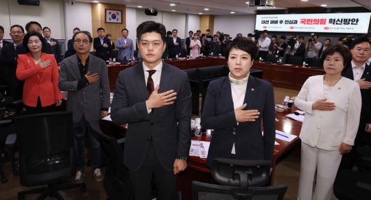 지난 19일 서울 여의도 국회 의원회관에서 당의 혁신을 바라는 의원모임 주최로 열린 ‘대선 패배 후 민심과 국민의힘 혁신방안’ 토론회에 앞서 김용태 국민의힘 비상대책위원장(앞줄 왼쪽 네번째)과 참석한 의원들이 국기에 경례하고 있다. [사진 출처 = 연합뉴스]