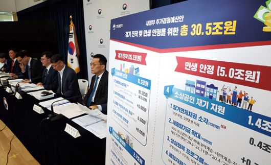 임기근 기획재정부 2차관이 지난 18일 정부세종청사 민원동 공용 브리핑실에서 새 정부 추가경정예산안에 관해 설명하고 있다.<사진 연합뉴스>