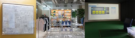 (순서대로) 계단을 오르며 자연스럽게 마주하게 되는 지민경 작가의 작품.  1층 기념품 숍에서는 골프웨어와 각종 굿즈를 판매한다.  2층 북카페 앞에 자리한 스포츠체험관.