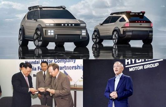 “수소는 미래다”. 사진 위부터 시계방향으로 이니시움,  정의선 회장, 정몽구 명예회장 [사진출처=현대차, 편집=최기성 매경 디지털뉴스룸 기자]]