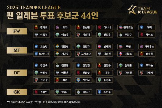 한국프로축구연맹은 30일 오후 8시 수원월드컵경기장에서 열리는 ‘2025 쿠팡플레이 시리즈’ 1경기 뉴캐슬 유나이티드와 경기에 출전할 팀 K리그의 팬 일레븐 후보 44명을 공개했다. 사진=한국프로축구연맹 제공