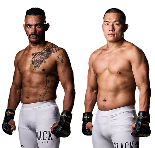 카자흐스탄 Naiza FC 플라이급 타이틀 도전자 ‘머큐리’ 플라비우 산투스, 제우스FC 및 젠틀맨 플라워 라이트급 챔피언 ‘캡틴 코리아’ 정한국. 플라비우 산투스는 블랙컴뱃 라이트급 9위, 정한국은 블랙컴뱃 라이트급 4위다. 사진=이데아 파라곤