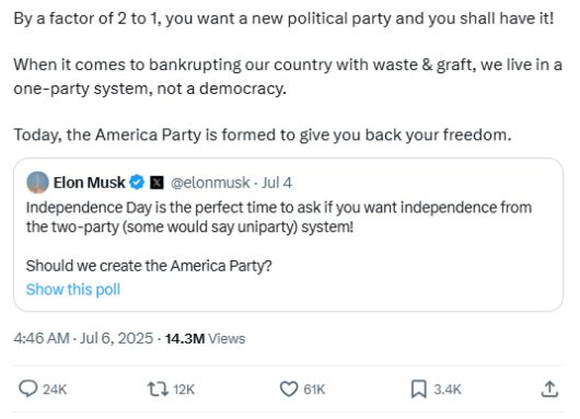 일론 머스크 테슬라 CEO가 X에 신당 창당을 공식 선언했다. [사진=머스크 X 캡처]