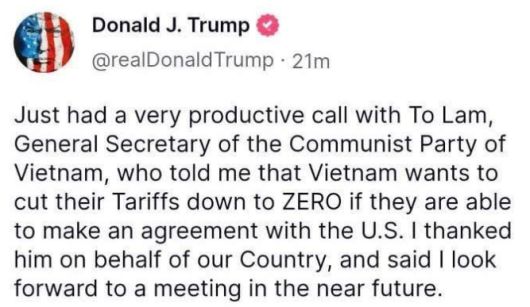 베트남과의 합의를 설명하는 트럼프 미국 대통령 트루스소셜.