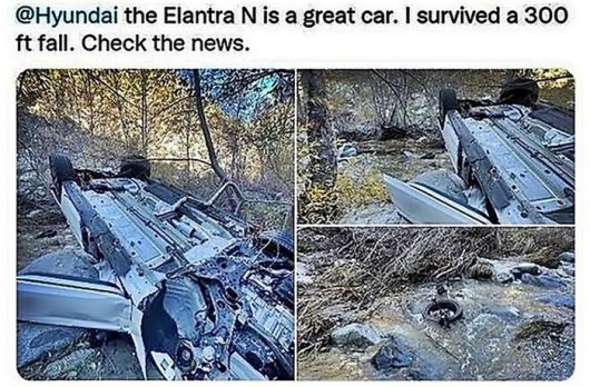 91m 절벽 아래로 떨어진 아반떼N [사진출처=SNS 캡처]