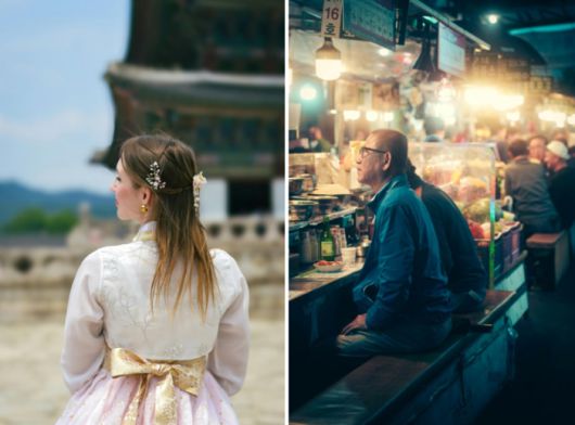 한복을 입은 외국인, 노점에 앉아 있는 손님 / 사진=pexels