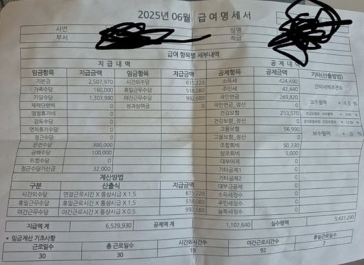 자신을 11년차 환경미화원이라고 밝힌 한 남성은 각종 세금과 보험료를 떼고도 542만7290원(세전 652만9930원)을 받았다는 내용의 명세서를 인증했다. [사진 출처 = 온라인커뮤니티]