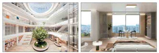 삼성물산이 제안한 '아트리움 커뮤니티' 예시(왼쪽)와 대우건설이 제안한 3면 개방 거실.