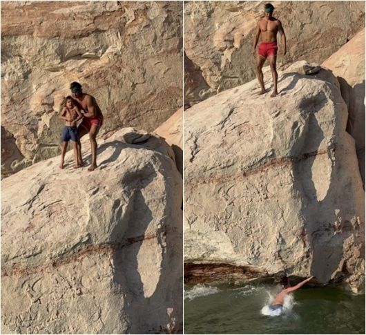 미국의 인기 여행 인플루언서가 아이를 강하게 키우겠다며 7살 아들을 절벽에서 던지는 영상을 공개해 논란이 되고 있다. [사진 = 인스타그램(@garrettgee) 캡처]