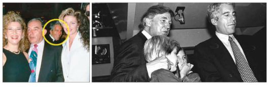 1993년 12월 뉴욕 플라자호텔에서 진행된 도널드 트럼프와 그의 두 번째 부인 말라 메이플스의 결혼식에 참석한 제프리 엡스타인(노란색 원)이 하객들 사이에서 웃고 있다(왼쪽 사진). 1993년 뉴욕에서 열린 '할리 데이비슨' 오토바이 행사에 참석한 도널드 트럼프(맨 왼쪽)가 그의 차남 에릭 트럼프, 장녀 이방카 트럼프를 안고 제프리 엡스타인(맨 오른쪽)과 나란히 서 있는 모습.  CNN 캡처