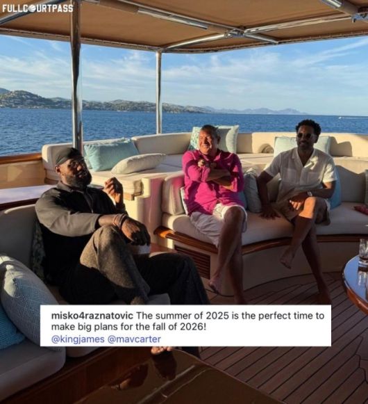 제임스는 최근 자신의 아내는 물론 비즈니스 파트너들과 고급 요트를 타고 여행 중이다. 그리고 그들 중에는 요키치의 에이전트로 알려진 미슈코 라즈나토비치도 함께했다. 라즈나토비치는 자신의 SNS에 “2025년 여름은 2026년 가을을 위한 큰 계획을 세우기에 완벽한 시기!”라고 전했다. 사진=풀코트패스 SNS