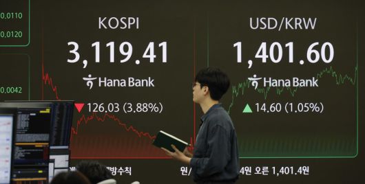 지난 1일 코스피지수가 세제 개편안 실망감에 급락 마감한 가운데 서울 중구 을지로 하나은행 본점 딜링룸에 주가와 환율 종가가 표시되고 있다. [김호영 기자]