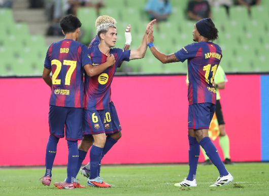 4일 대구스타디움에서 열린 FC바르셀로나 2025 아시아투어 에디션 대구FC와 FC바르셀로나의 경기. 전반전 FC바르셀로나의 가비가 팀의 첫 골을 넣은 뒤 기뻐하고 있다. 사진=연합뉴스 제공