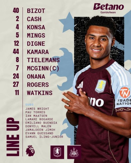빌라는 골키퍼 비조트를 시작으로 디뉴-밍스-콘사-캐시-오나나-카마라-로저스-틸레만스-맥긴-왓킨스가 선발 출전했다. 사진=아스톤 빌라 SNS