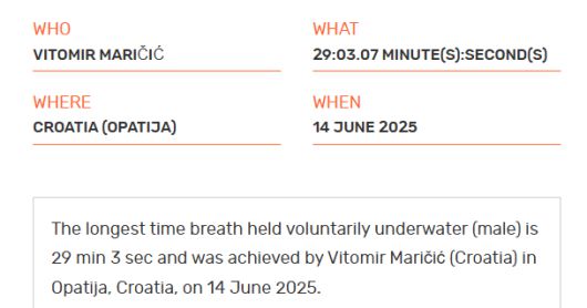 기네스월드레코드에 등재된 비토미르 마리치치의 잠수 기록. [사진 = GWR]