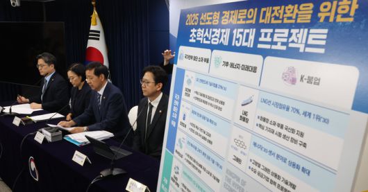 구윤철 경제부총리 겸 기획재정부 장관이 22일 정부서울청사에서 열린 새정부 경제성장전략 관계부처 합동 브리핑에서 발언하고 있다. 왼쪽부터 문신학 산업통상자원부 1차관, 한성숙 중소벤처기업부 장관, 구 부총리, 배경훈 과학기술정보통신부 장관, 송미령 농림축산식품부 장관. [이승환 기자]