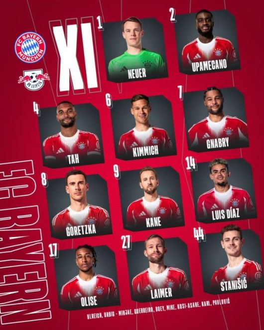 뮌헨은 골키퍼 노이어를 시작으로 라이머-우파메카노-타-스타니시치-키미히-고레츠카-그나브리-올리세-디아스-케인이 선발 출전했다. 사진=바이에른 뮌헨 SNS