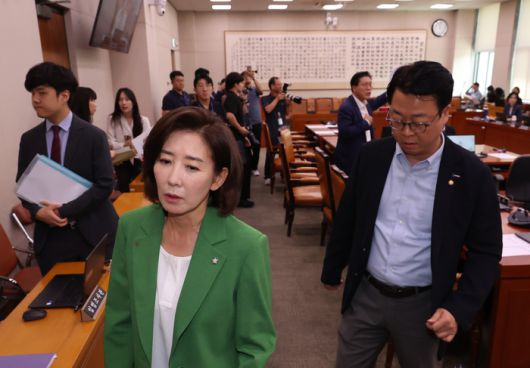 지난 2일 서울 여의도 국회에서 열린 법제사법위원회 전체회의에서 국민의힘 나경원 의원이 추미애 위원장의 회의 진행 방식에 항의하며 퇴장하고 있다. [사진 출처 = 연합뉴스]