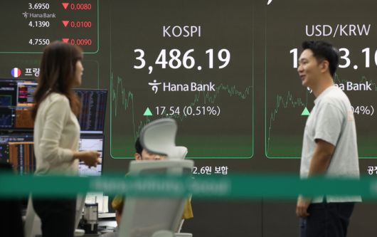 코스피가 3,480대에서 장을 마치며 역대 최고치를 새로 경신한 23일 서울 중구 하나은행 딜링룸 현황판에 코스피 지수가 표시돼있다. [연합뉴스]